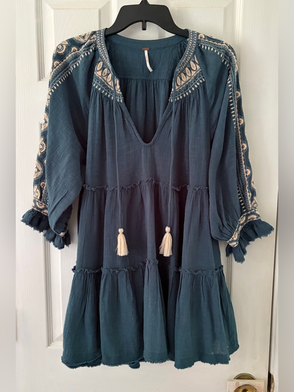 Free People Teal Embroidered Tiered Tunic Dress